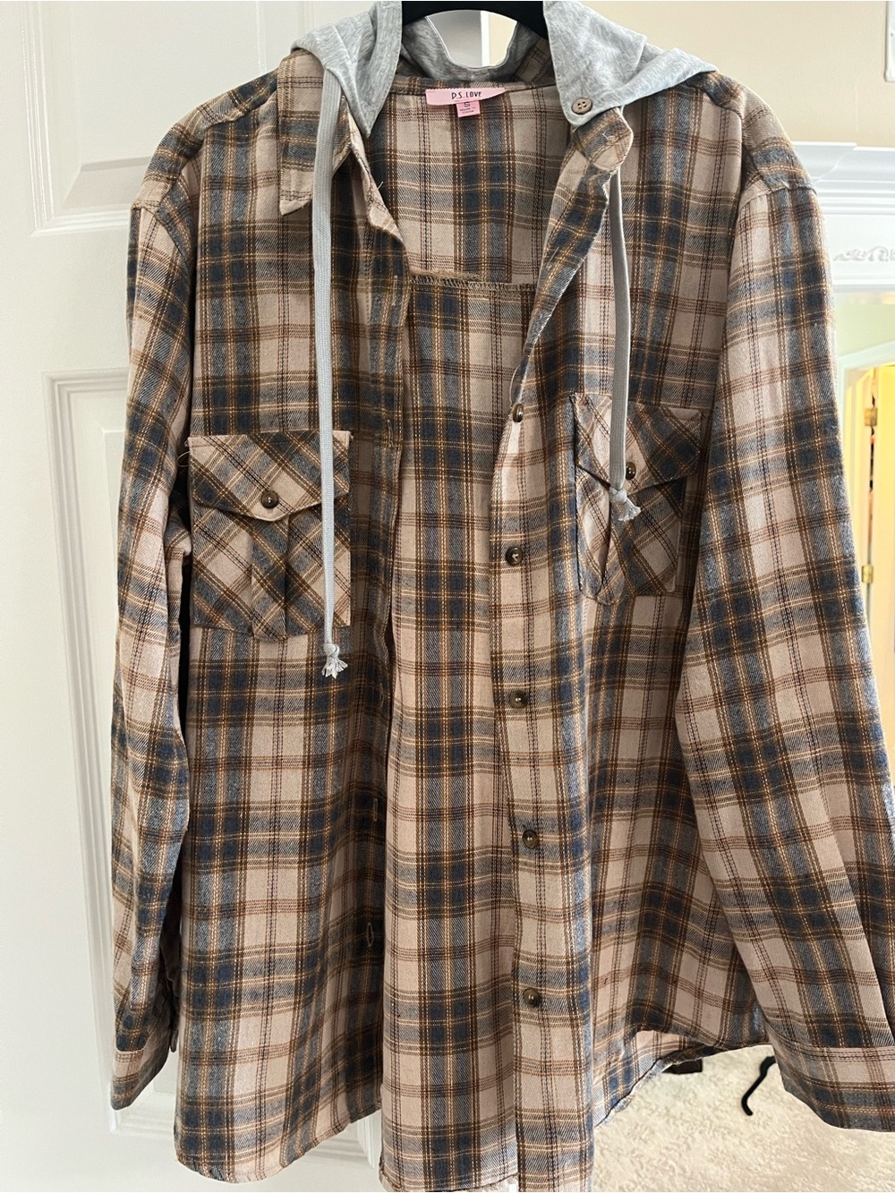 P.S. LOVE Plaid Hooded Shirt Jacket in Beige, Navy & Brown Removable Hood